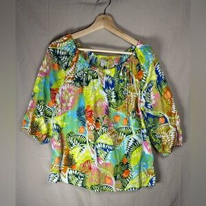 Linen Blend Resort Tropical Multicolor Peasant Blouse Elastic Neck Floral Top